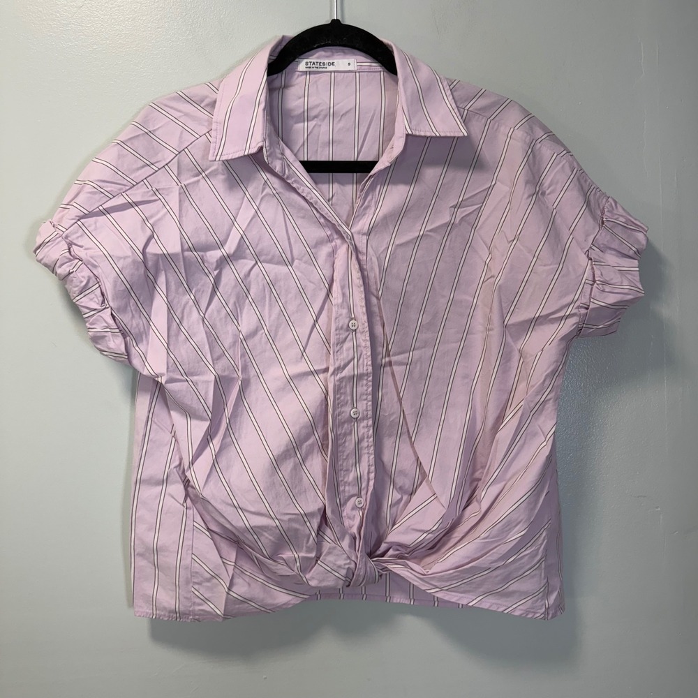 Stateside Cotton Pink Stripe Front Knot Short Sleeve Button Down Shirt Small